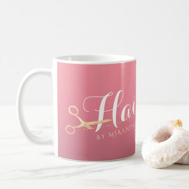 Hairstylist Makeup Salon Modern Pink Gold Scissors Coffee Mug (With Donut)