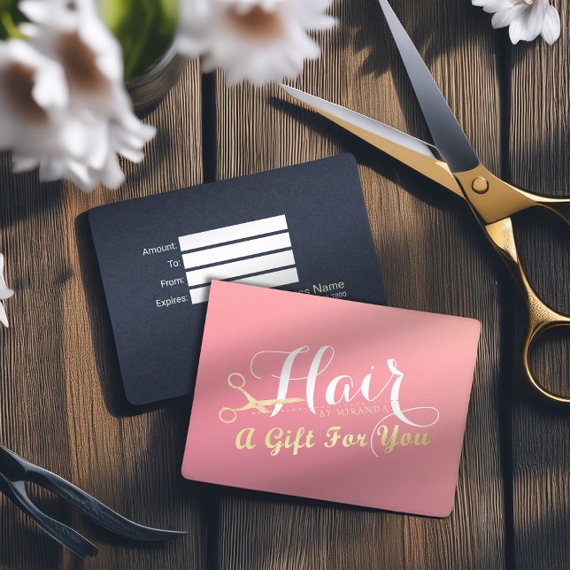Hairstylist Makeup Salon Modern Pink Gold Scissors Discount Card (Creator Uploaded)