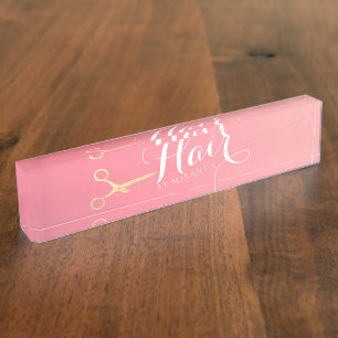 Hairstylist Makeup Salon Modern Pink Gold Scissors Nameplate