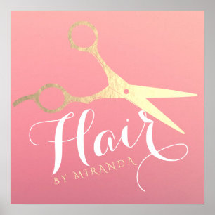Hairstylist Makeup Salon Modern Pink Gold Scissors Poster