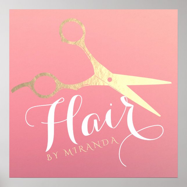 Hairstylist Makeup Salon Modern Pink Gold Scissors Poster (Front)