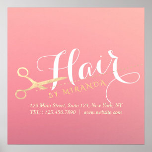 Hairstylist Makeup Salon Modern Pink Gold Scissors Poster