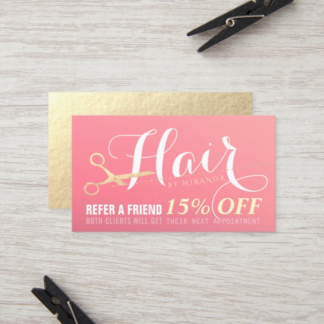 Hairstylist Makeup Salon Modern Pink Gold Scissors Referral Card (Front/Back In Situ)