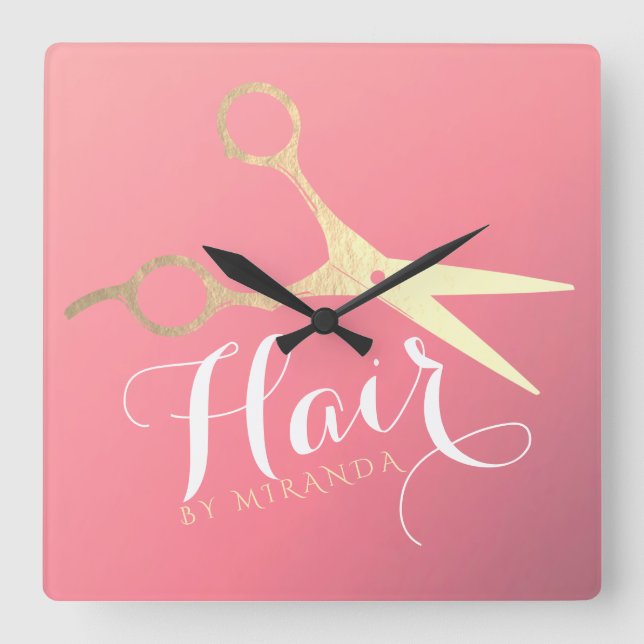 Hairstylist Makeup Salon Modern Pink Gold Scissors Square Wall Clock (Front)