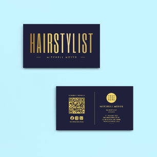Hairstylist QR Code & Logo Navy And Gold Business Card