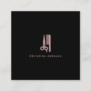hairstylist rose gold logo on black square business card