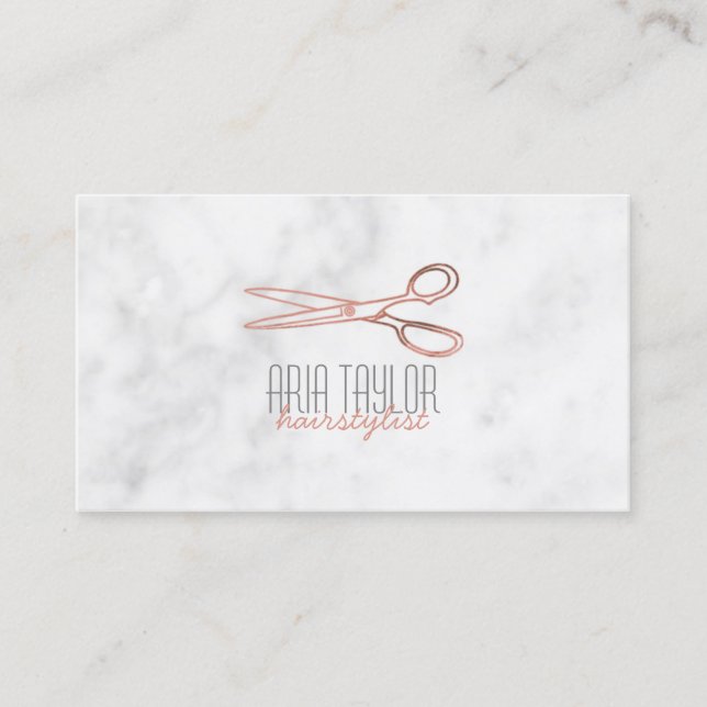 Hairstylist RoseGold Scissors Marble Business Card (Front)