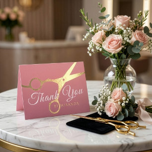 Hairstylist Salon Pink Gold Scissors Thank You Card