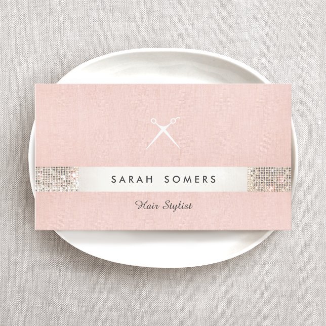 Hairstylist Scissors Logo FAUX Sequin Pink Salon 2 Business Card (Creator Uploaded)