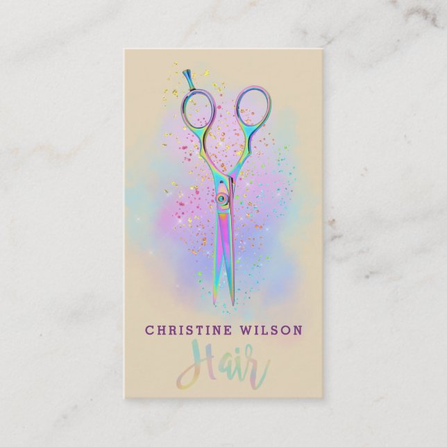 hairstylist scissors on purple cloud glitter business card (Front)