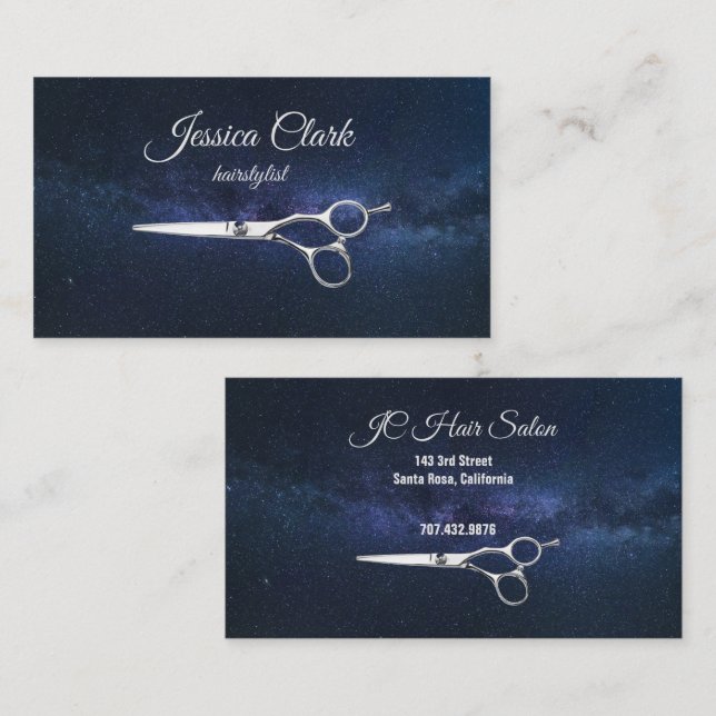 Hairstylist Silver Scissors on Royal Blue Sky Busi Business Card (Front/Back)