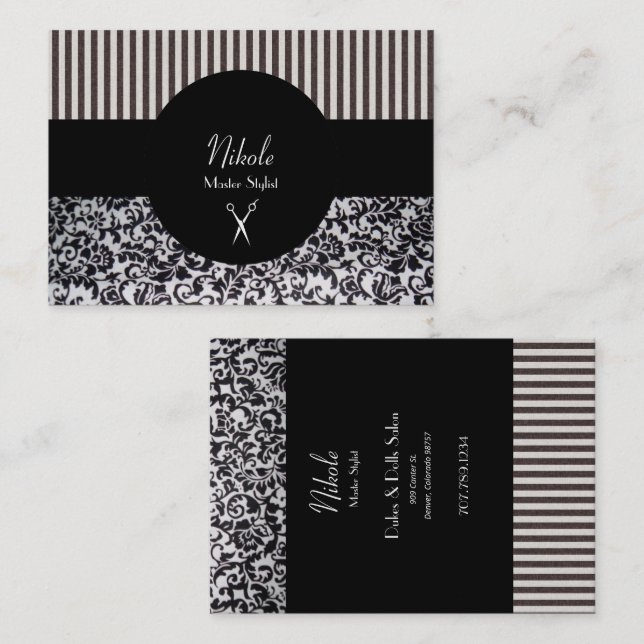 Hairstylist Stripes & Vines Black & White Business Card (Front/Back)