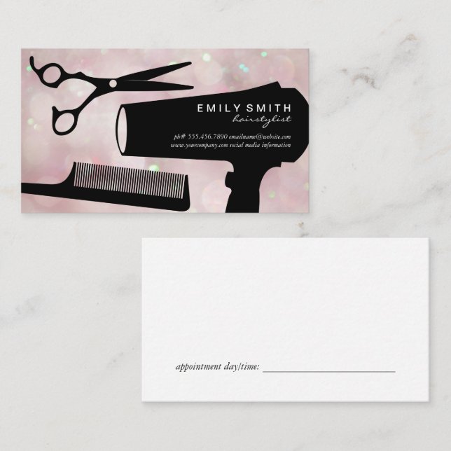 Hairstylist Tools | Pink Bokeh Appointment Card (Front/Back)