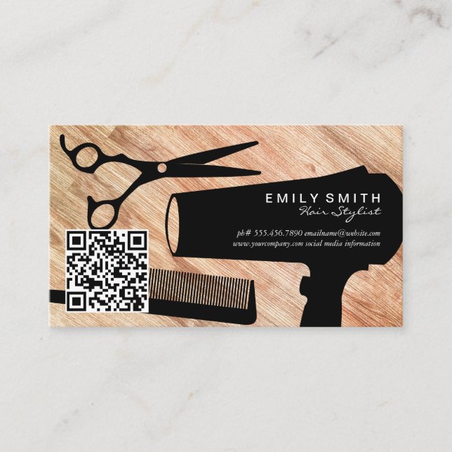 Hairstylist Tools | Wood Background | QR Code Appointment Card (Front)