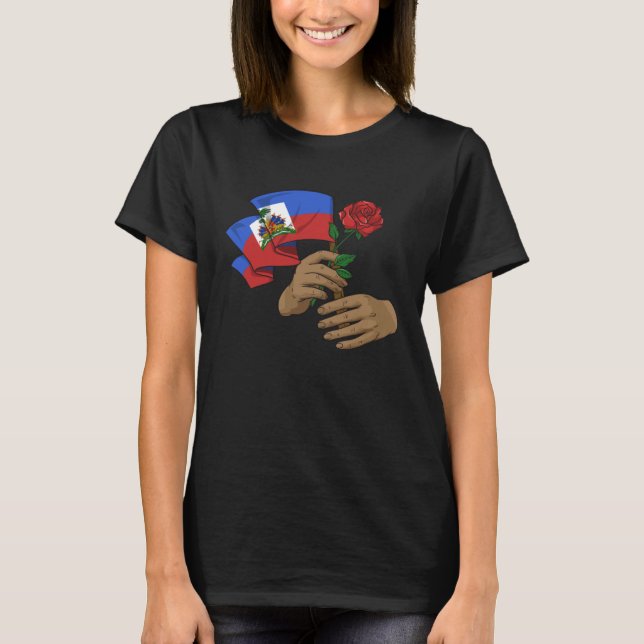 Haiti Haitian Flag Day Proud Ayiti Hands Flowers T-Shirt (Front)