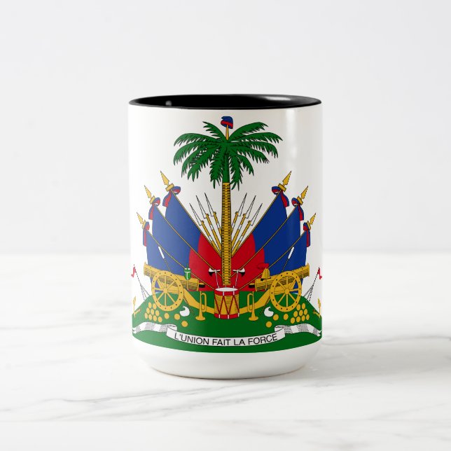 Haitian Coat of Arms (Haiti) Two-Tone Coffee Mug (Center)