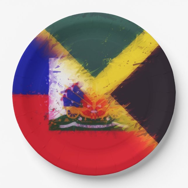 Haitian Jamaican Painted Flag | Haiti Jamaica Paper Plate (Front)