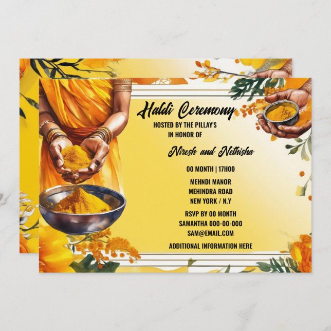 Haldi ceremony floral turmeric hands flowers invitation (Front/Back)