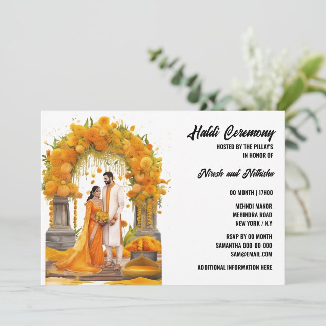 Haldi floral pre wedding ceremony turmeric family invitation (Standing Front)