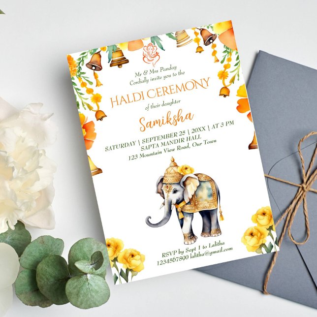 Haldi Indian wedding elephant yellow flowers Invitation (Haldi Indian wedding elephant editable template invitation digital download yellow flowers bells)