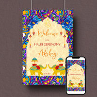 Haldi Indian wedding elephants blue welcome sign
