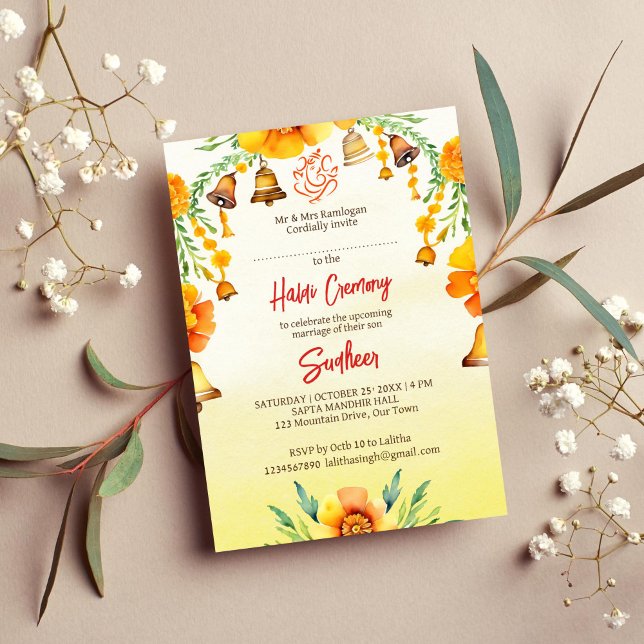 Haldi marigolds and bells Indian wedding template (Haldi Indian wedding marigold and bells template invitation instant digital download yellow Ganesha)