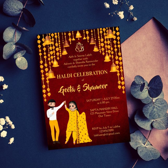 Haldi Mehndi Sangeet Indian wedding maroon yellow Invitation (Haldi Mehndi Sangeet Indian wedding maroon yellow bell garlands bridal couple cartoon Invitation)