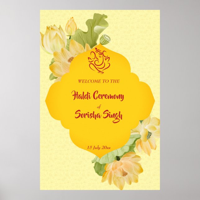 Haldi pithi yellow lotus flowers welcome sign (Front)