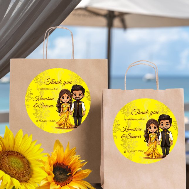 Haldi Sanget Indian wedding thank you favour Classic Round Sticker (Haldi Sanget cute bridal couple Indian wedding favors personalized printed thank you favor Sticker)