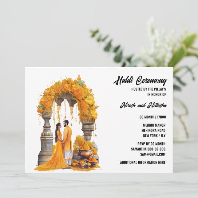 Haldi turmeric floral pre wedding blessings family invitation (Standing Front)