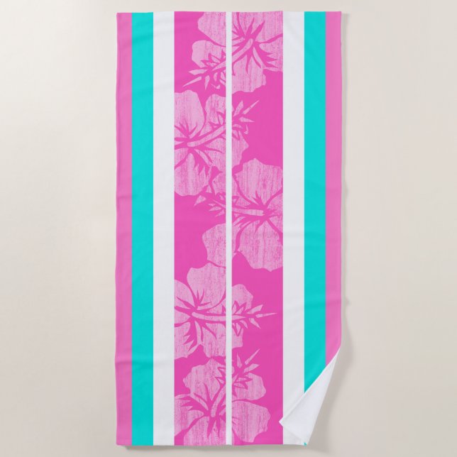 Haleiwa Surfboard Hawaiian Hibiscus Striped -Pink Beach Towel (Front)