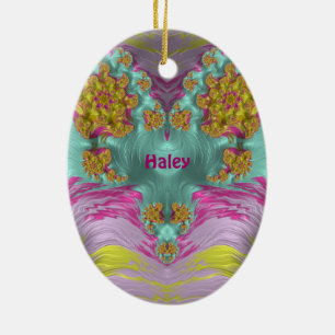 HALEY ~ EASTER EGG ~ Pink Yellow Aqua Fractal ~ Ceramic Ornament