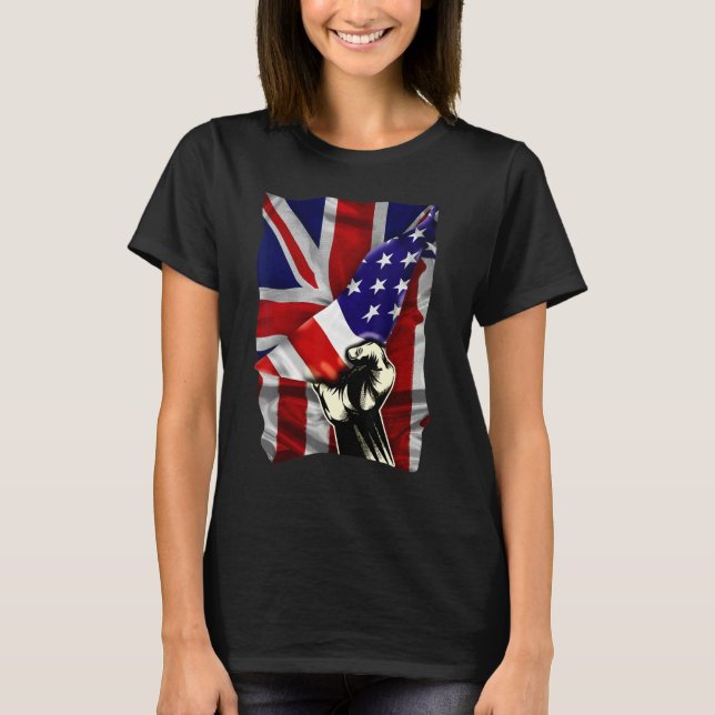 Half American Flag British ROOTS USA Flag United K T-Shirt (Front)
