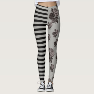 Half and Half Stripe and Black Rose Floral Leggings