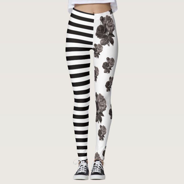 Half and Half Stripe Rose Black and White Floral Leggings (Front)