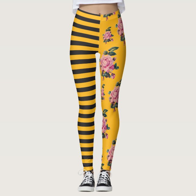 Half and Half Stripe Rose Floral Black and Gold Leggings (Front)