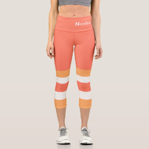 Half and Stripes Horizontal Lines Red Orange White Capri Leggings
