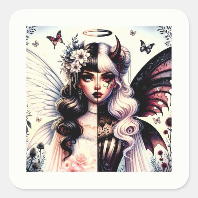 Half Angel Devil Dark Beauty Broken Wing Fairy  Square Sticker (Front)