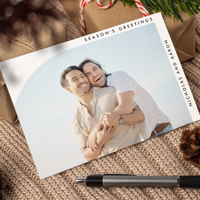 HALF ARCH SIMPLE CHRISTMAS HOLIDAY TWO PHOTOS (BOHO ARCH SHAPED SINGLE PHOTO CHRISTMAS HOLIDAY GREETING CARD, EXTRA PHOTO ON THE BACK. GAY LESBIAN )