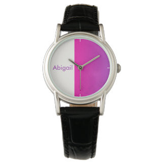 Half bright purple, half white with name, minimal watch