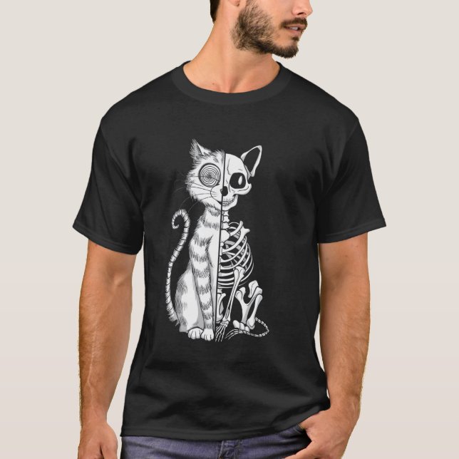 Half Cat, Half Skeleton Halloween Illustration T-Shirt (Front)