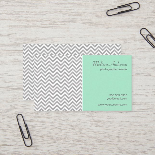Half Chevron Pattern Grey and Mint Business Card (Front/Back In Situ)