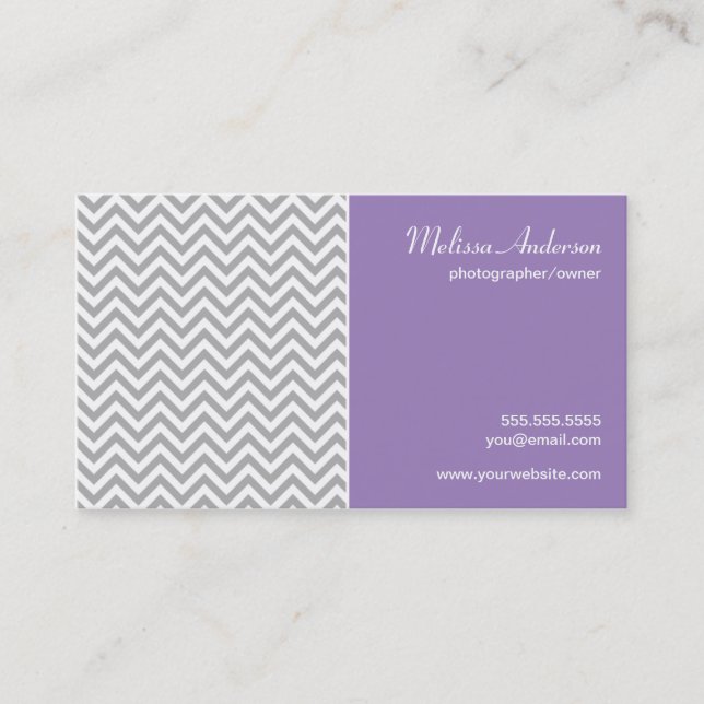 Half Chevron Pattern Grey and Soft Purple Business Card (Front)