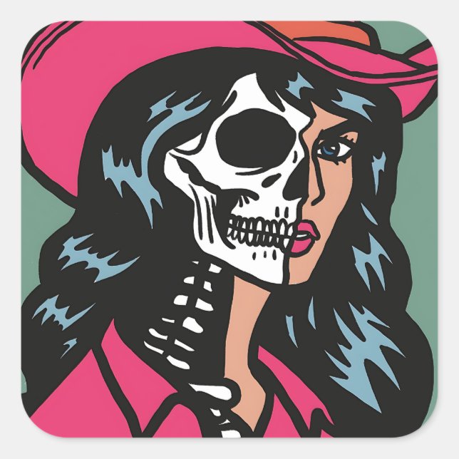 Half Cowgirl Half Skeleton Pop Art Spooky Stickers (Front)