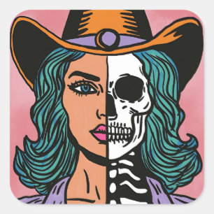 Half Cowgirl Half Skeleton Western Spooky Stickers