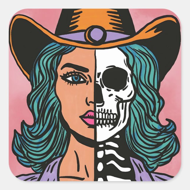 Half Cowgirl Half Skeleton Western Spooky Stickers (Front)