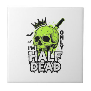 Half Dead Skull Halloween Vintage Engraving Shirt Ceramic Tile