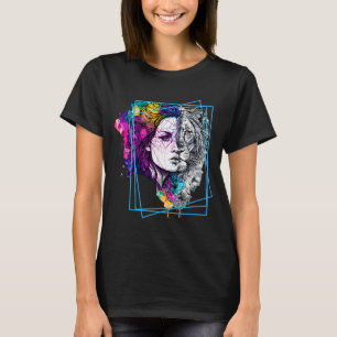 Half Lion Half Woman Synthwave Crystals Big Cat T-Shirt
