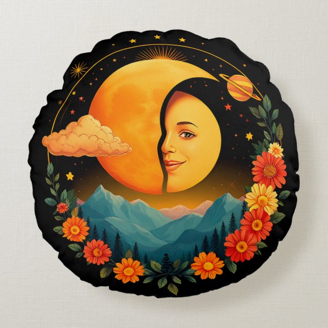 Half-Moon Artwork with Mountains, Sunflowers Round Cushion (Front)