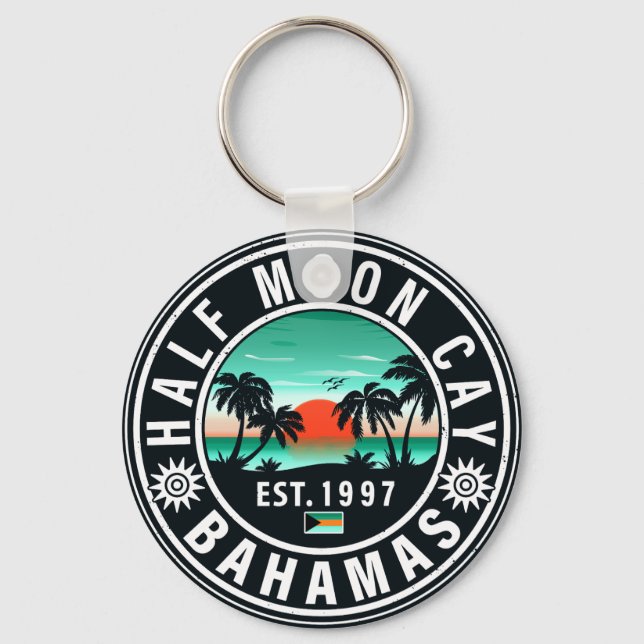 Half Moon Cay Bahamas Retro Sunset Souvenirs 60s Key Ring (Front)